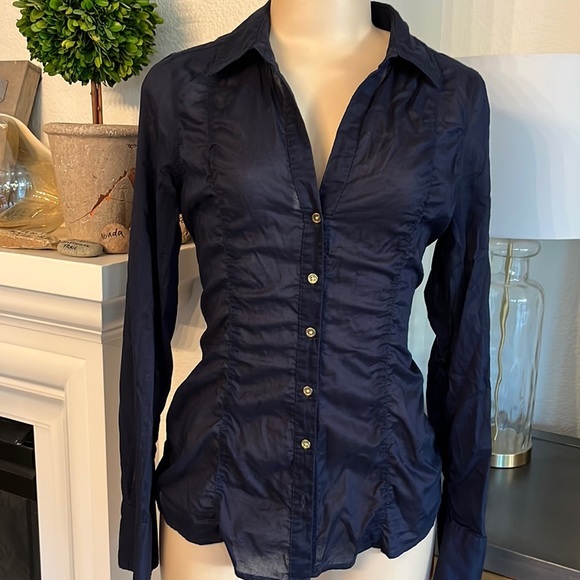 Express Tops - Express Navy Blue Sheer Button Down